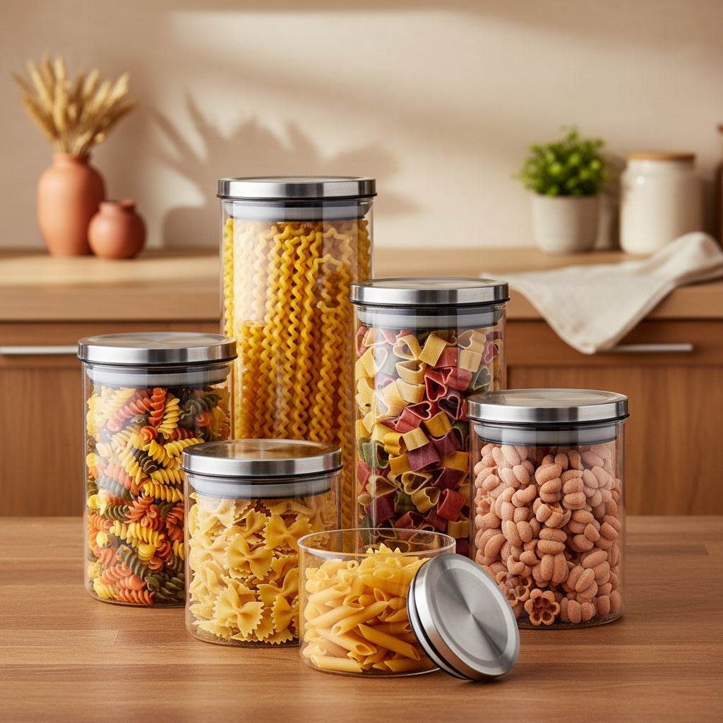 6-Piece Airtight Glass Canister Set – Glass Pantry Storage Containers with Stainless Steel Lids, Food Storage Jars for Cereal, Flour, Sugar, Coffee, Tea, Pasta & Snacks, Kitchen Counter Organization, Pantry Essentials
