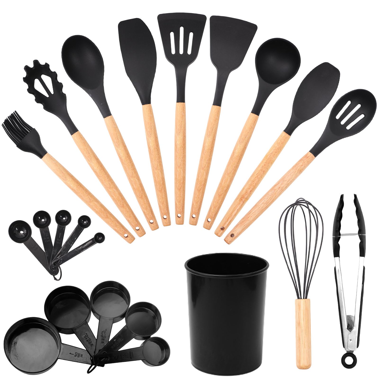 22-Piece Silicone Cooking Utensils Set – Heat Resistant 446°F Non-Stick Kitchen Utensils with Wooden Handles, Complete Kitchen Cooking Tools Set, BPA-Free Silicone Kitchen Gadgets, Kitchen Accessories