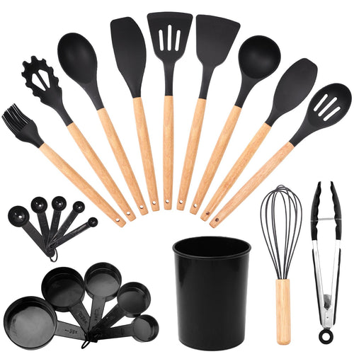 22-Piece Silicone Cooking Utensils Set – Heat Resistant 446°F Non-Stick Kitchen Utensils with Wooden Handles, Complete Kitchen Cooking Tools Set, BPA-Free Silicone Kitchen Gadgets, Kitchen Accessories