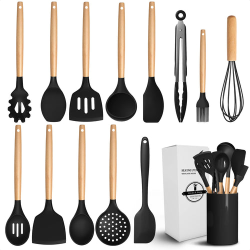 14-Piece Silicone Kitchen Utensil Set – Heat-Resistant Nonstick Cooking Utensils, Black Kitchen Utensil Set with Spatulas, Spoons, Turner & Serving Tools, BPA-Free Silicone Cooking Utensils, Kitchen Accessories, Essential Kitchen Gadgets