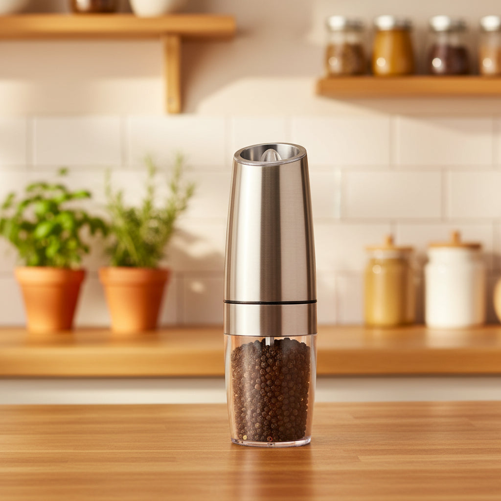 Electric Pepper Grinder with Gravity Sensor – Automatic Stainless Steel Salt & Pepper Mill, Adjustable Coarseness Spice Grinder, Battery Powered Pepper Mill for Black Pepper, Sea Salt, Herbs & Seasonings, Kitchen Cooking Tool & Home Essentials