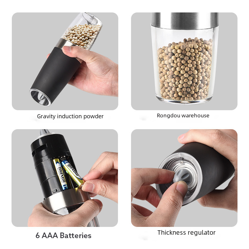 Electric Pepper Grinder with Gravity Sensor – Automatic Stainless Steel Salt & Pepper Mill, Adjustable Coarseness Spice Grinder, Battery Powered Pepper Mill for Black Pepper, Sea Salt, Herbs & Seasonings, Kitchen Cooking Tool & Home Essentials