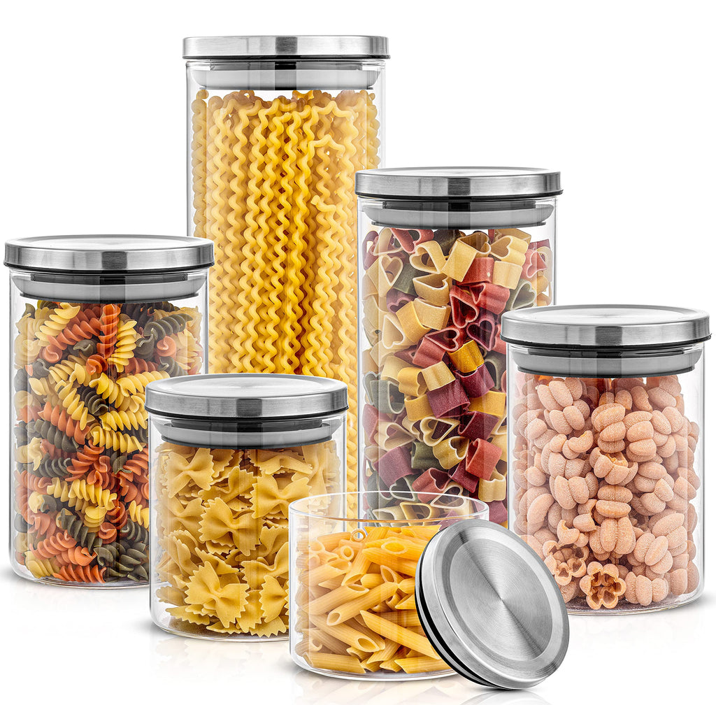 6-Piece Airtight Glass Canister Set – Glass Pantry Storage Containers with Stainless Steel Lids, Food Storage Jars for Cereal, Flour, Sugar, Coffee, Tea, Pasta & Snacks, Kitchen Counter Organization, Pantry Essentials
