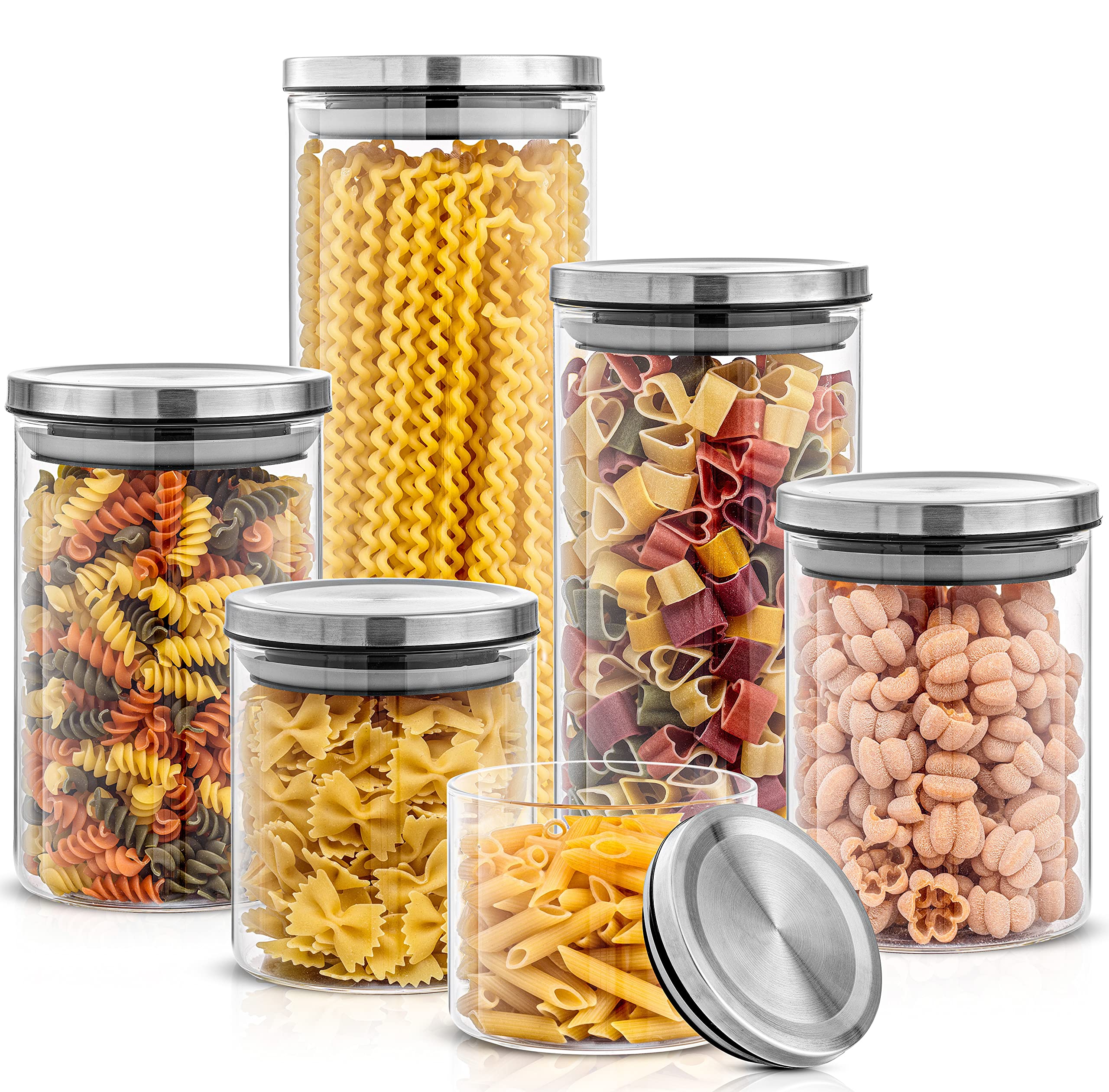 6-Piece Airtight Glass Canister Set – Glass Pantry Storage Containers with Stainless Steel Lids, Food Storage Jars for Cereal, Flour, Sugar, Coffee, Tea, Pasta & Snacks, Kitchen Counter Organization, Pantry Essentials