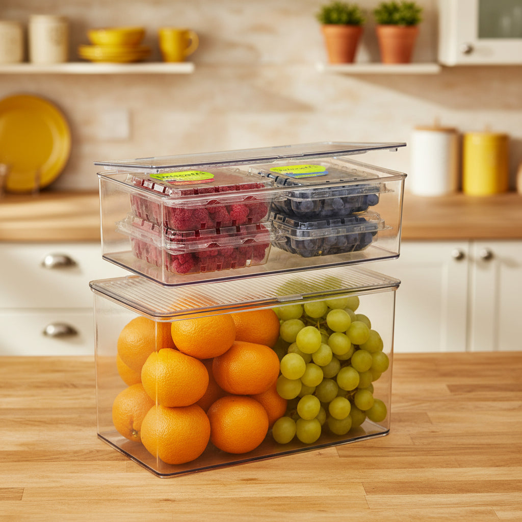 Clear Pantry Storage Organizer Bins with Lids (2 Pack) – Stackable Plastic Storage Bins for Pantry, Refrigerator, Kitchen Cabinets, Fridge Organizer, Food Storage Containers, Cabinet Organizers, Kitchen Organization and Storage