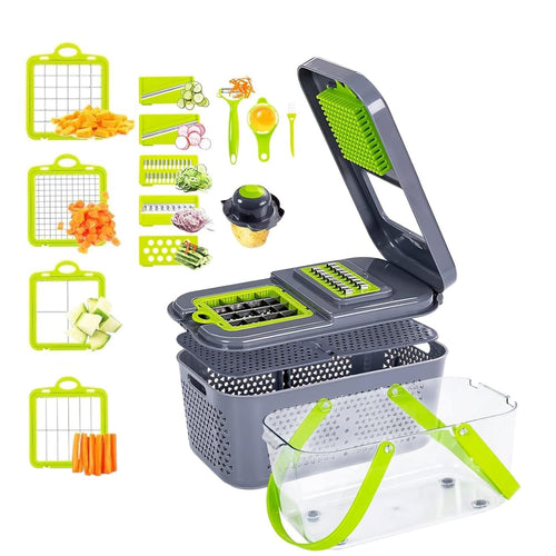 22-in-1 Vegetable Chopper with Container – Multi-Blade Veggie Chopper, Onion Dicer, Food Chopper, Vegetable Cutter, Fruit Slicer, Mandoline Slicer, Kitchen Gadget Set with 13 Interchangeable Blades & Lemon Squeezer
