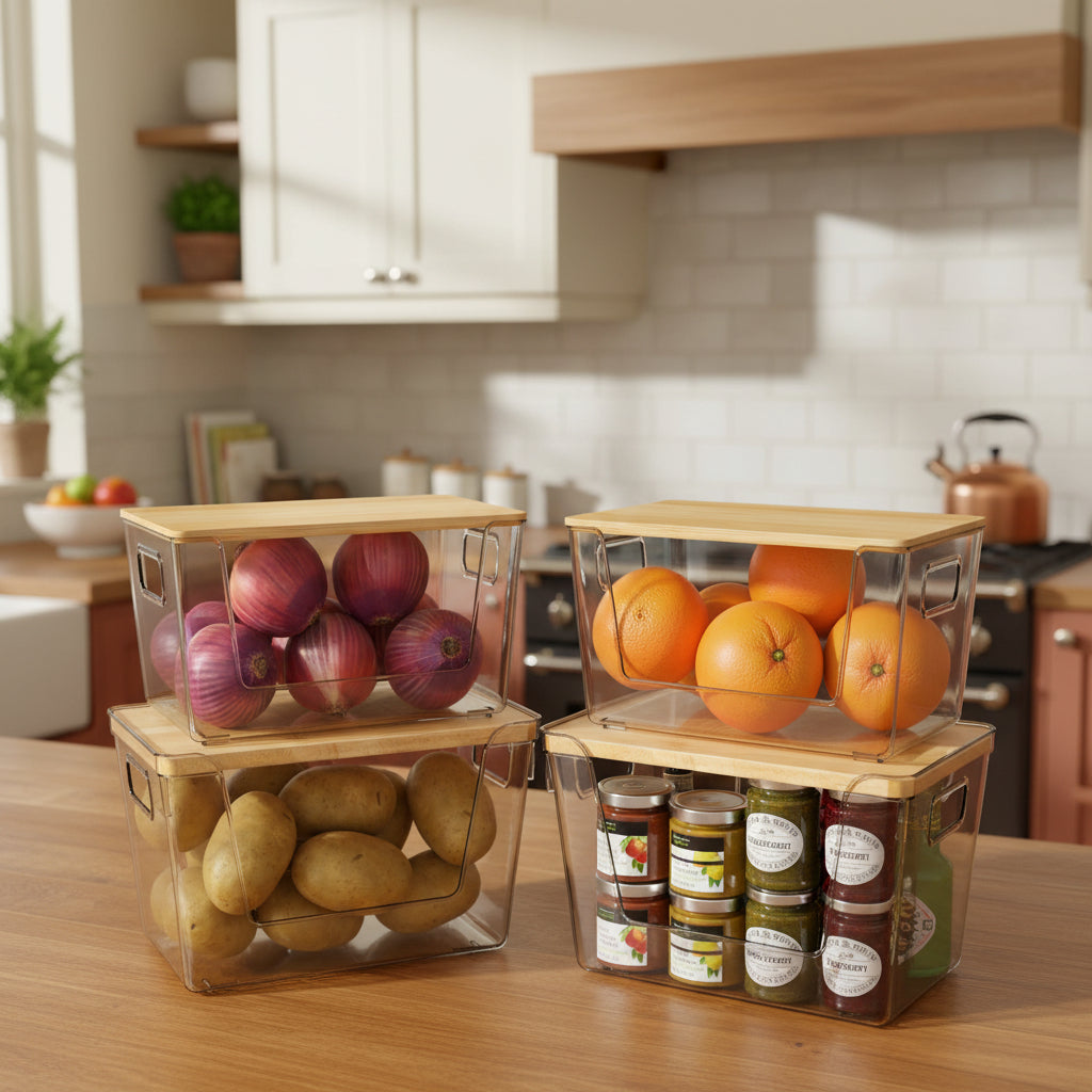 Storage Bins with Lids – Stackable Kitchen Pantry Storage Containers, Front-Opening Produce Storage Bins for Potatoes, Onions, Garlic, Fruits & Vegetables, Kitchen Organizer, Pantry Organization & Food Storage