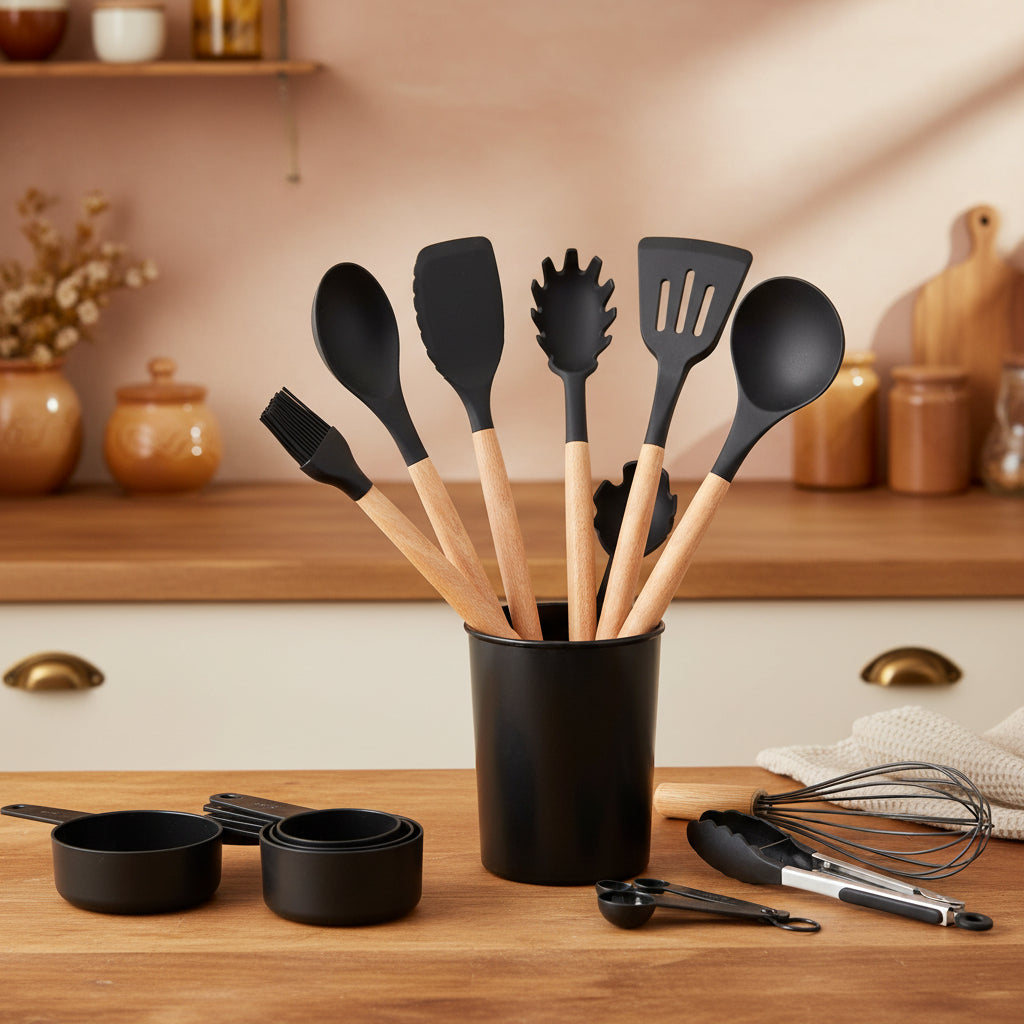 22-Piece Silicone Cooking Utensils Set – Heat Resistant 446°F Non-Stick Kitchen Utensils with Wooden Handles, Complete Kitchen Cooking Tools Set, BPA-Free Silicone Kitchen Gadgets, Kitchen Accessories