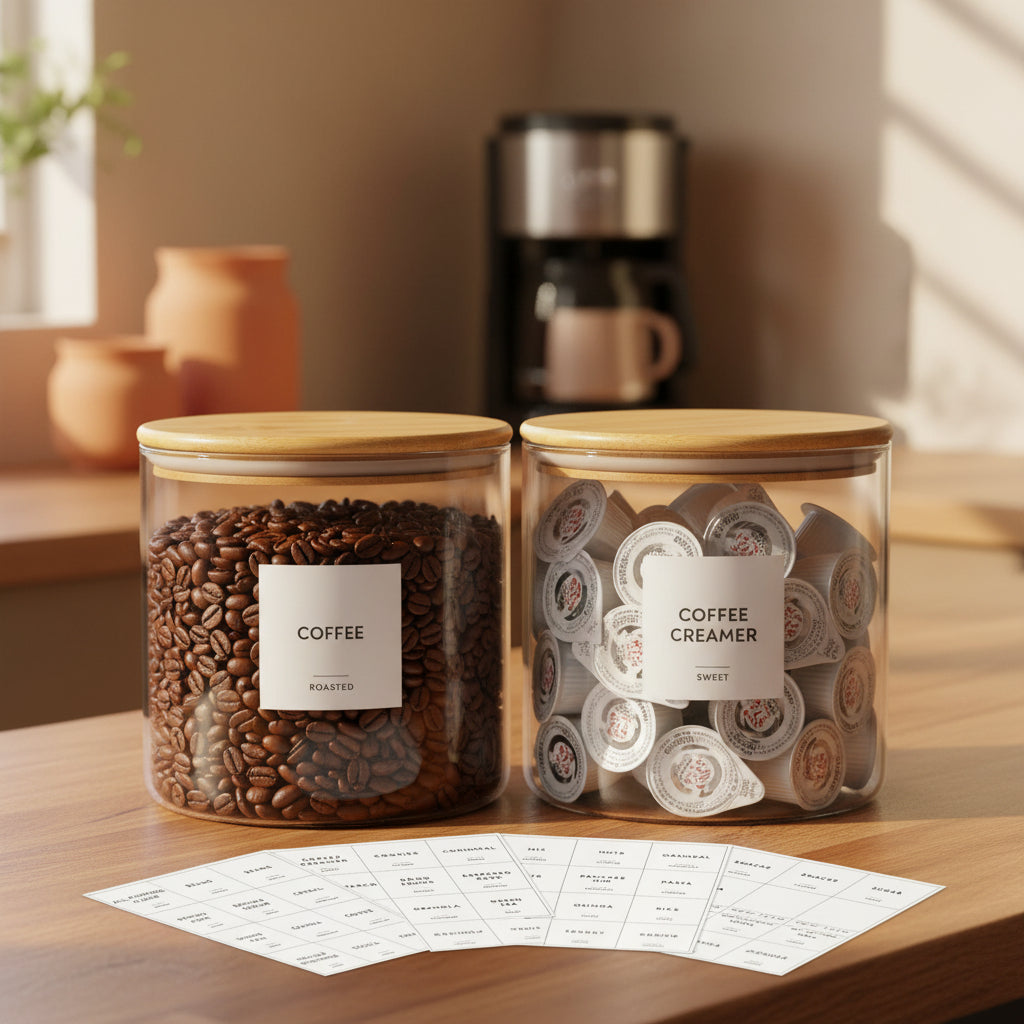 Laramaid 73oz Glass Pantry Storage Canisters (2-Pack) – Airtight Glass Food Storage Containers with Bamboo Lids, Minimalist Labels & White Marker, Kitchen Canister Set for Flour, Sugar, Coffee, Tea, Cereal, Pasta, Rice & Pantry Organization