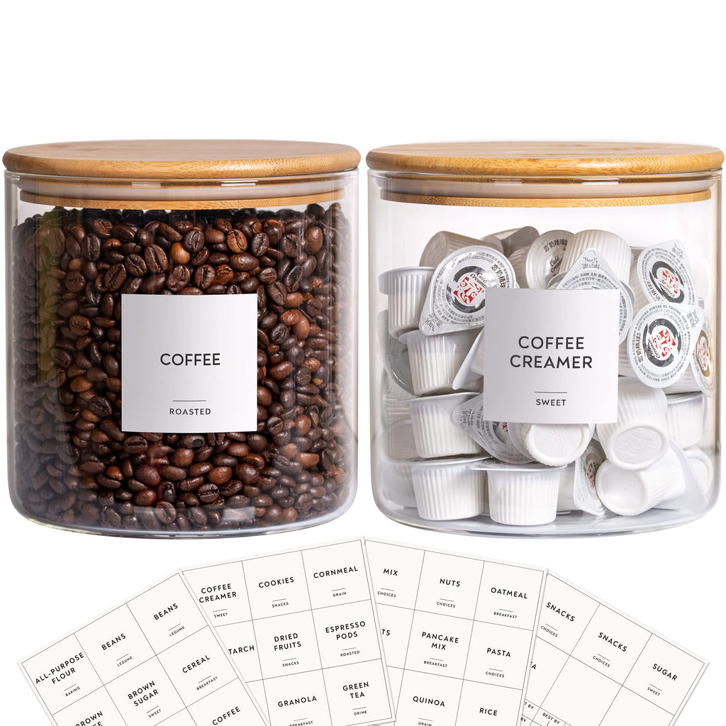 Laramaid 73oz Glass Pantry Storage Canisters (2-Pack) – Airtight Glass Food Storage Containers with Bamboo Lids, Minimalist Labels & White Marker, Kitchen Canister Set for Flour, Sugar, Coffee, Tea, Cereal, Pasta, Rice & Pantry Organization