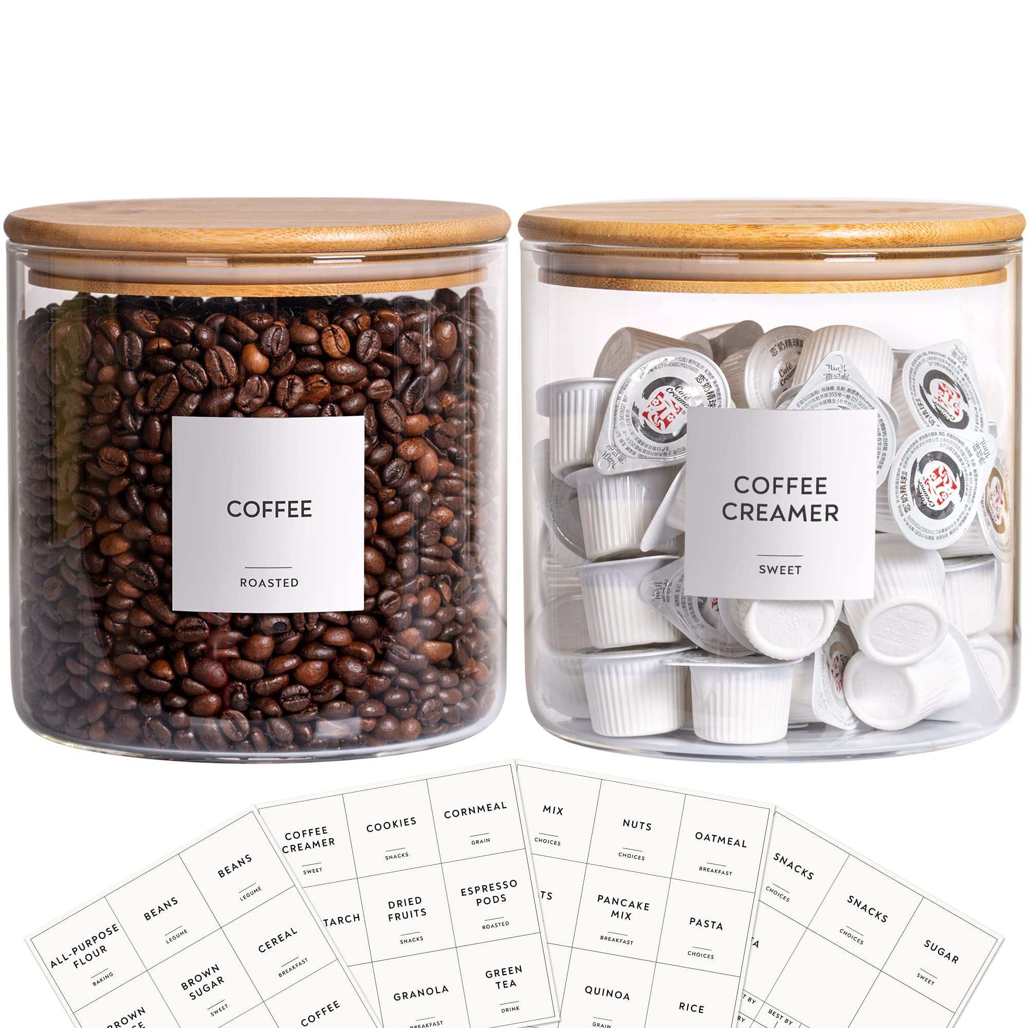 Laramaid 73oz Glass Pantry Storage Canisters (2-Pack) – Airtight Glass Food Storage Containers with Bamboo Lids, Minimalist Labels & White Marker, Kitchen Canister Set for Flour, Sugar, Coffee, Tea, Cereal, Pasta, Rice & Pantry Organization