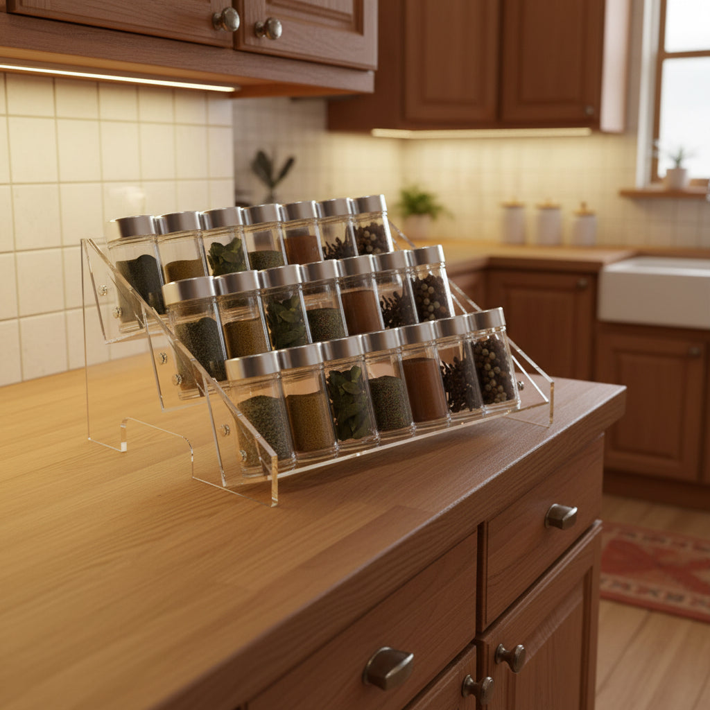 Clear Spice Jar Organizer, Pantry Organization and Storage, Kitchen Countertop Spice Shelf, Cabinet Spice Rack, Seasoning Organizer, Kitchen Storage Rack, Tiered Spice Holder, Countertop Organizer, Pantry Shelf Organizer