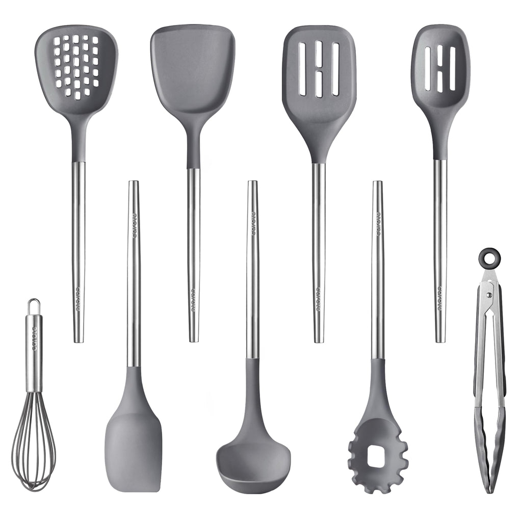 9-Piece Silicone Kitchen Utensils Set with Stainless Steel Handles – Non-Stick Cookware Safe, Heat Resistant, Dishwasher Safe Cooking Utensil Set, Kitchen Cooking Tools, Kitchen Gadgets