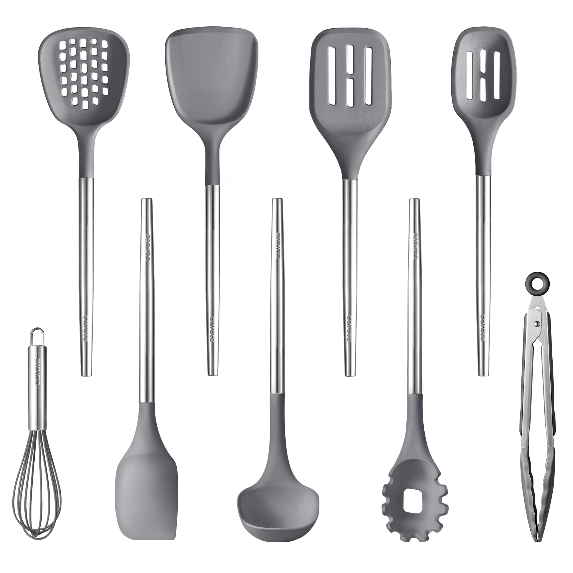 9-Piece Silicone Kitchen Utensils Set with Stainless Steel Handles – Non-Stick Cookware Safe, Heat Resistant, Dishwasher Safe Cooking Utensil Set, Kitchen Cooking Tools, Kitchen Gadgets